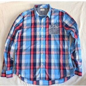 7 Diamonds Blue Red Plaid Shirt Contrast Trim Button Down Men 3XL Americana
